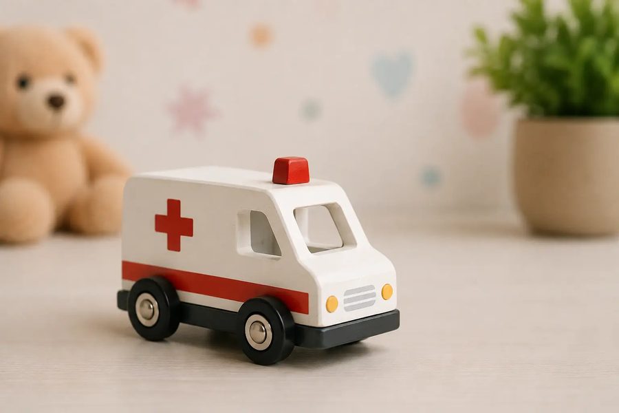 Brinquedo de ambulância, referência à consulta de pequenas urgências